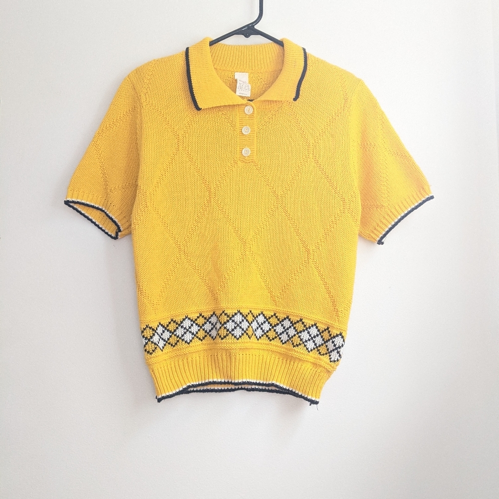 Vtg 90s Yellow/Black Argyle Short Sleeve Sweater